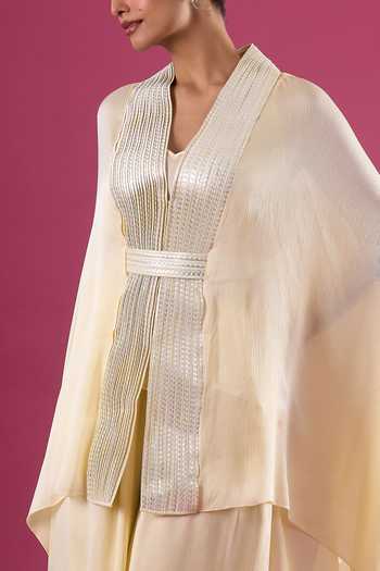 Amit Aggarwal_Yellow Chiffon Sequins Shawl Neck Placed Embellished Cape And Pant Set _at_Aza_Fashions