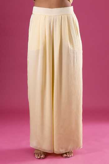 Shop_Amit Aggarwal_Yellow Chiffon Sequins Shawl Neck Placed Embellished Cape And Pant Set 