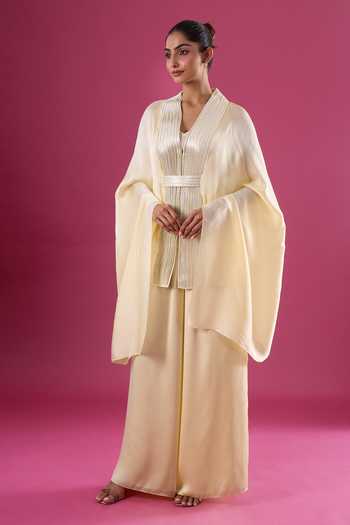 Buy_Amit Aggarwal_Yellow Chiffon Sequins Shawl Neck Placed Embellished Cape And Pant Set _at_Aza_Fashions