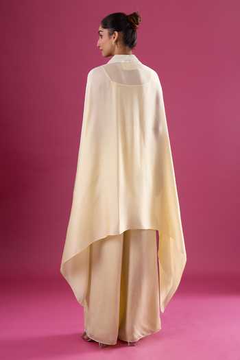 Shop_Amit Aggarwal_Yellow Chiffon Sequins Shawl Neck Placed Embellished Cape And Pant Set _at_Aza_Fashions