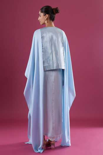 Shop_Amit Aggarwal_Blue Chiffon Round Neck Embellished Layered Cape And Skirt Set _at_Aza_Fashions
