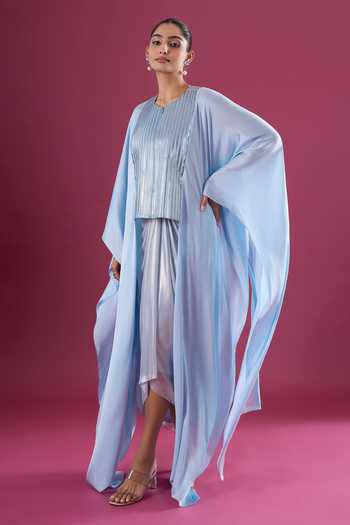 Buy_Amit Aggarwal_Blue Chiffon Round Neck Embellished Layered Cape And Skirt Set _at_Aza_Fashions