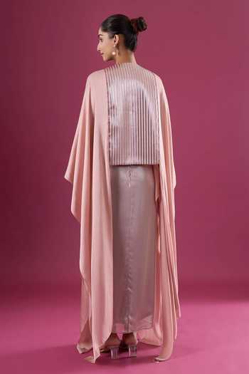 Shop_Amit Aggarwal_Pink Chiffon Sequin Cape And Skirt Set _at_Aza_Fashions