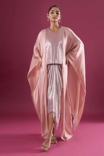 Buy_Amit Aggarwal_Pink Chiffon Sequin Cape And Skirt Set _at_Aza_Fashions