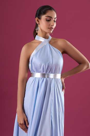 Amit Aggarwal_Blue Chiffon Halter Neck Maxi Dress _Online_at_Aza_Fashions