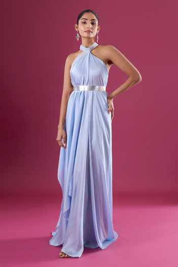 Buy_Amit Aggarwal_Blue Chiffon Halter Neck Maxi Dress _Online_at_Aza_Fashions