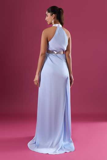 Shop_Amit Aggarwal_Blue Chiffon Halter Neck Maxi Dress _at_Aza_Fashions