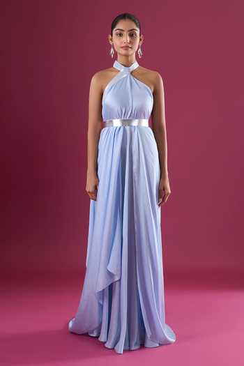 Shop_Amit Aggarwal_Blue Chiffon Halter Neck Maxi Dress _Online_at_Aza_Fashions