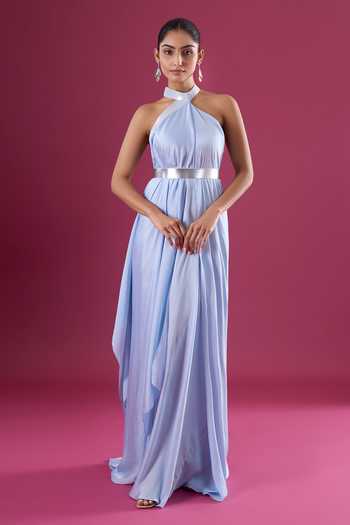 Amit Aggarwal_Blue Chiffon Halter Neck Maxi Dress _at_Aza_Fashions