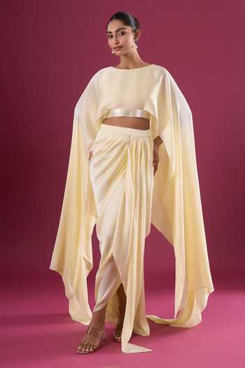 Buy_Amit Aggarwal_Yellow Chiffon Asymmetric Cape And Skirt Set _at_Aza_Fashions