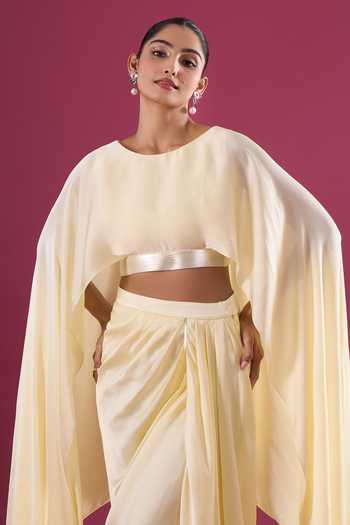 Shop_Amit Aggarwal_Yellow Chiffon Asymmetric Cape And Skirt Set _Online_at_Aza_Fashions