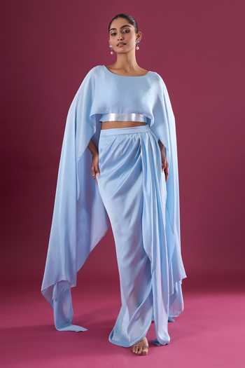 Buy_Amit Aggarwal_Blue Chiffon Asymmetric Cape And Skirt Set _at_Aza_Fashions