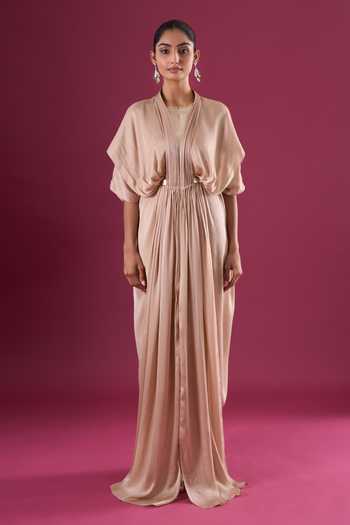 Buy_Amit Aggarwal_Beige Chiffon Shawl Neck Gathered Maxi Dress _Online_at_Aza_Fashions