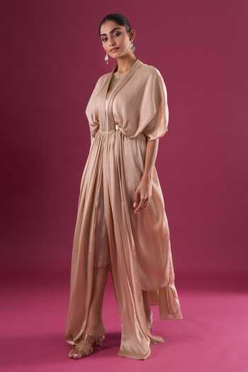 Shop_Amit Aggarwal_Beige Chiffon Shawl Neck Gathered Maxi Dress _Online_at_Aza_Fashions