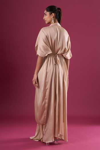 Shop_Amit Aggarwal_Beige Chiffon Shawl Neck Gathered Maxi Dress _at_Aza_Fashions