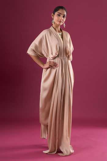 Amit Aggarwal_Beige Chiffon Shawl Neck Gathered Maxi Dress _at_Aza_Fashions