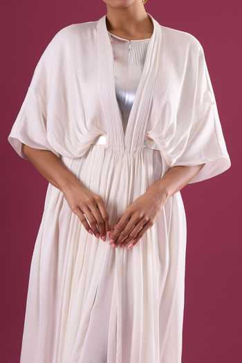 Amit Aggarwal_Ivory Chiffon High Neck Gathered Maxi Dress _Online_at_Aza_Fashions
