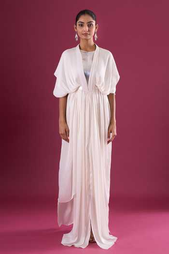 Buy_Amit Aggarwal_Ivory Chiffon High Neck Gathered Maxi Dress _Online_at_Aza_Fashions