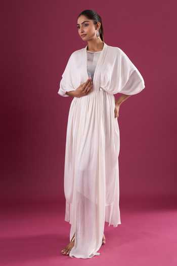Shop_Amit Aggarwal_Ivory Chiffon High Neck Gathered Maxi Dress _Online_at_Aza_Fashions