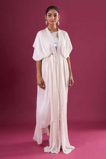 Amit Aggarwal_Ivory Chiffon High Neck Gathered Maxi Dress _at_Aza_Fashions