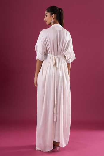 Shop_Amit Aggarwal_Ivory Chiffon High Neck Gathered Maxi Dress _at_Aza_Fashions
