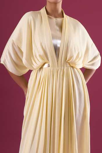 Amit Aggarwal_Yellow Chiffon Shawl Neck Pleated Draped Maxi Dress _Online_at_Aza_Fashions