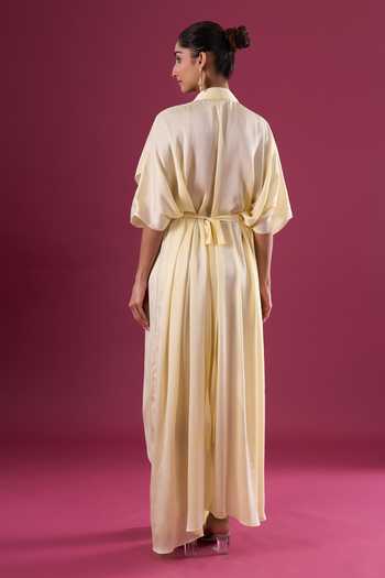 Shop_Amit Aggarwal_Yellow Chiffon Shawl Neck Pleated Draped Maxi Dress _at_Aza_Fashions