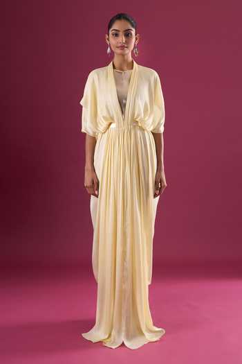 Shop_Amit Aggarwal_Yellow Chiffon Shawl Neck Pleated Draped Maxi Dress _Online_at_Aza_Fashions