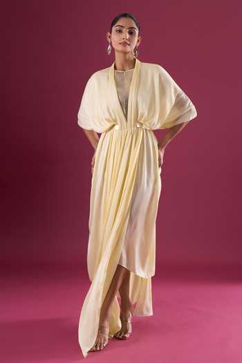 Buy_Amit Aggarwal_Yellow Chiffon Shawl Neck Pleated Draped Maxi Dress _at_Aza_Fashions