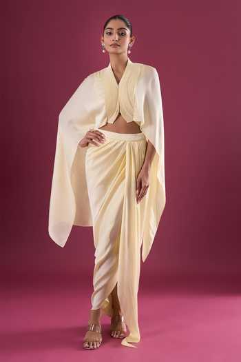 Buy_Amit Aggarwal_Yellow Chiffon Shawl Neck Asymmetric Cape And Skirt Set _at_Aza_Fashions