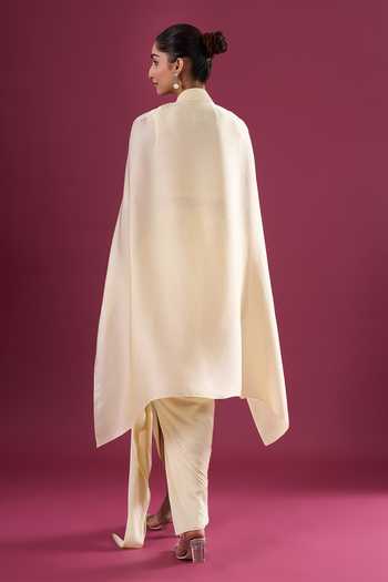 Shop_Amit Aggarwal_Yellow Chiffon Shawl Neck Asymmetric Cape And Skirt Set _at_Aza_Fashions