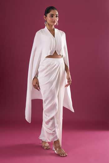 Shop_Amit Aggarwal_Ivory Chiffon V-neck Asymmeric Cape And Skirt Set _Online_at_Aza_Fashions