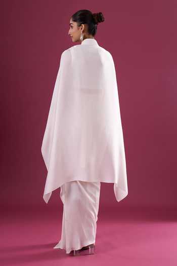 Amit Aggarwal_Ivory Chiffon V-neck Asymmeric Cape And Skirt Set _Online_at_Aza_Fashions