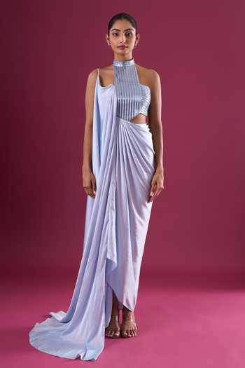 Buy_Amit Aggarwal_Blue Chiffon Sequins Halter Neck Draped Maxi Dress _Online_at_Aza_Fashions