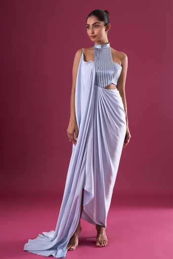 Shop_Amit Aggarwal_Blue Chiffon Sequins Halter Neck Draped Maxi Dress _Online_at_Aza_Fashions