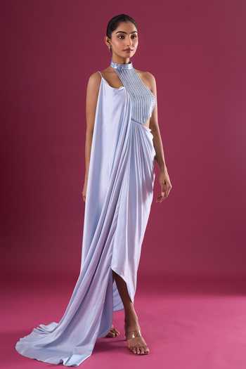 Amit Aggarwal_Blue Chiffon Sequins Halter Neck Draped Maxi Dress _at_Aza_Fashions