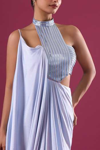 Buy_Amit Aggarwal_Blue Chiffon Sequins Halter Neck Draped Maxi Dress 