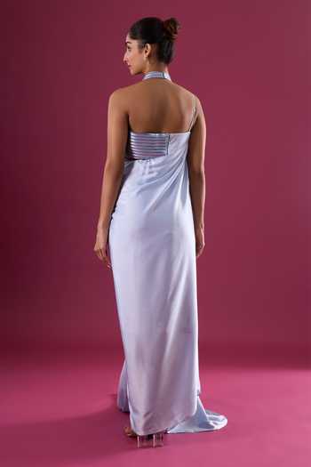 Amit Aggarwal_Blue Chiffon Sequins Halter Neck Draped Maxi Dress _Online_at_Aza_Fashions