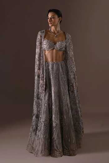 Shop_Geisha Designs_Grey Viscose, Polyester, Nylon Moonlit Mirage Lehenga And Draped Sleeve Blouse Set _at_Aza_Fashions