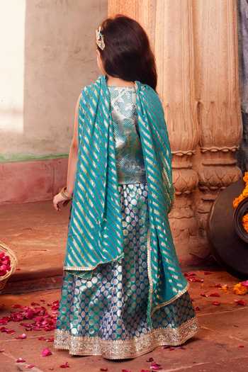 Shop_Chotibuti_Blue Silk Zari Banarasi Lehenga Set _at_Aza_Fashions