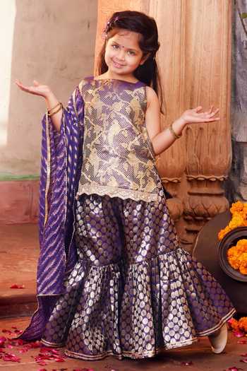Buy_Chotibuti_Purple Silk Zari Banarasi Kurta Sharara Set _at_Aza_Fashions