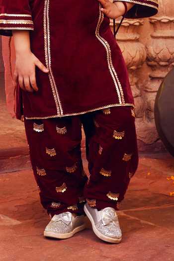 Chotibuti_Maroon Velvet Embroidery Contrast Yoke Kurta Salwar Set _Online_at_Aza_Fashions