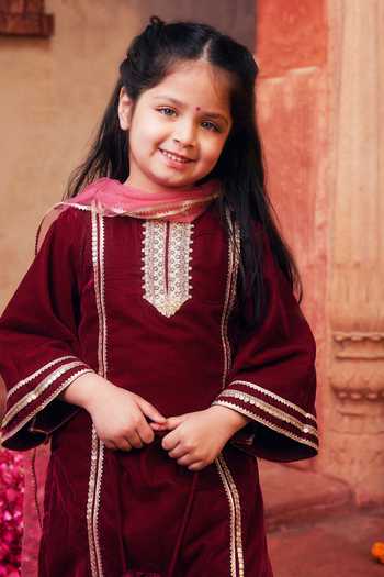 Shop_Chotibuti_Maroon Velvet Embroidery Contrast Yoke Kurta Salwar Set _Online_at_Aza_Fashions