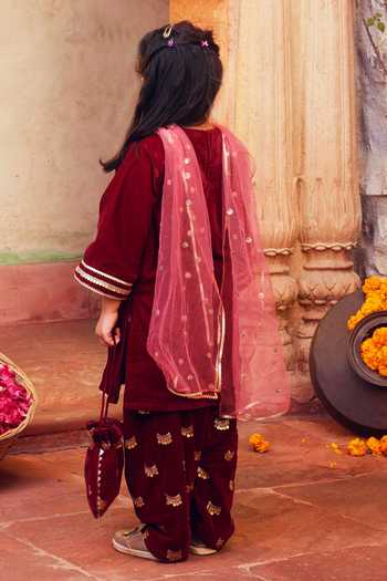 Shop_Chotibuti_Maroon Velvet Embroidery Contrast Yoke Kurta Salwar Set _at_Aza_Fashions