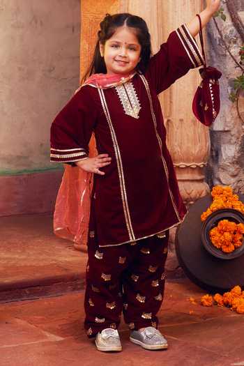 Chotibuti_Maroon Velvet Embroidery Contrast Yoke Kurta Salwar Set _at_Aza_Fashions