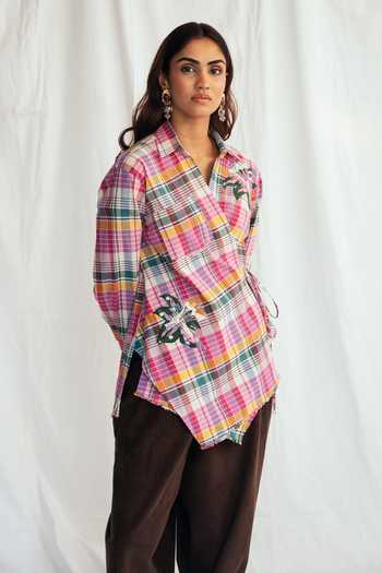 Buy_Jodi_Multi Color Chanderi Applique Collared Sherbet Wrap Shirt _at_Aza_Fashions