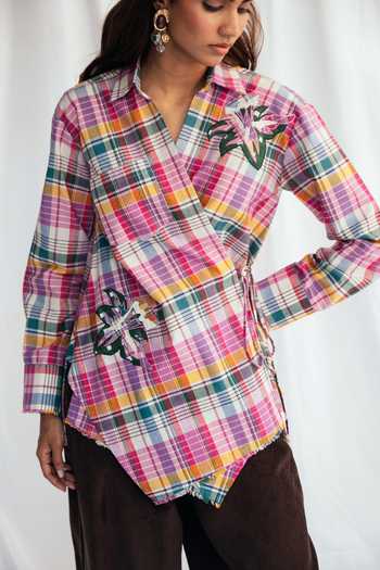 Shop_Jodi_Multi Color Chanderi Applique Collared Sherbet Wrap Shirt _Online_at_Aza_Fashions