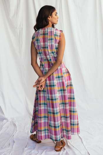 Shop_Jodi_Multi Color Chanderi Applique Round Neck Sherbet Panel Dress _at_Aza_Fashions