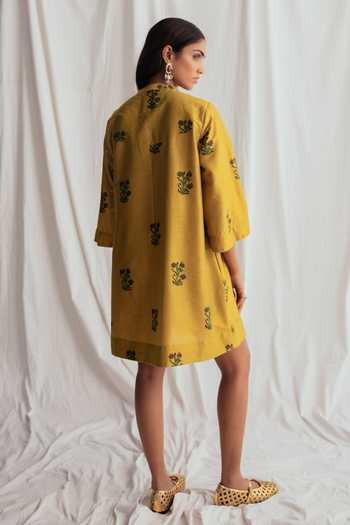 Shop_Jodi_Yellow Cotton Embroidery, Beads Mandarin Nimbu Floral Pattern Kala Shift Dress _at_Aza_Fashions