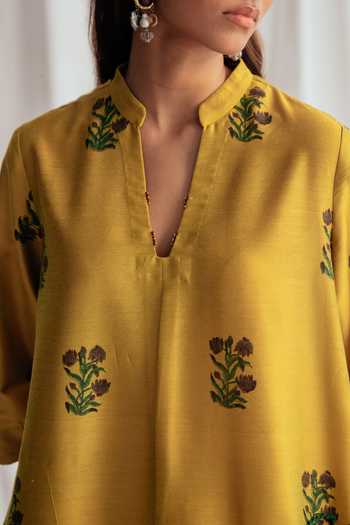Shop_Jodi_Yellow Cotton Embroidery, Beads Mandarin Nimbu Floral Pattern Kala Shift Dress _Online_at_Aza_Fashions